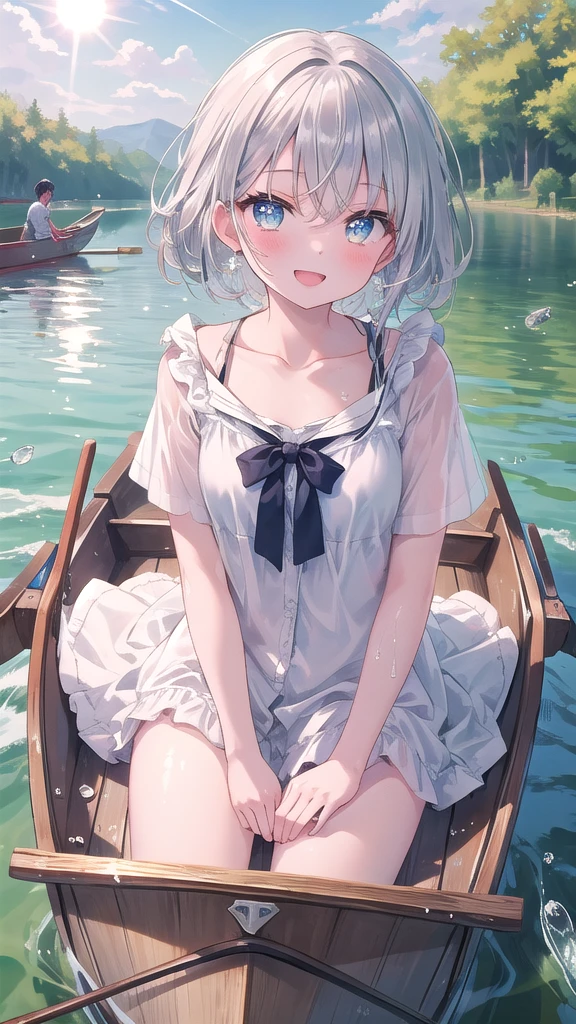 (8k, best quality, master piece: 1.2),super high resolution,1 girl, 独奏, colorshift eyes, hyperdetailed, expressive eyes, ultra-detailed face, Date Clothes、Random hairstyle、silver gay hair, Rowing boat、lake、sunshine, Collarbone, Ecstatic expression,Sparkling、Splash