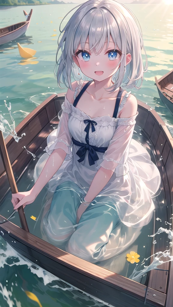 (8k, best quality, master piece: 1.2),super high resolution,1 girl, 独奏, colorshift eyes, hyperdetailed, expressive eyes, ultra-detailed face, Date Clothes、Random hairstyle、silver gay hair, Rowing boat、lake、sunshine, Collarbone, Ecstatic expression,Sparkling、Splash
