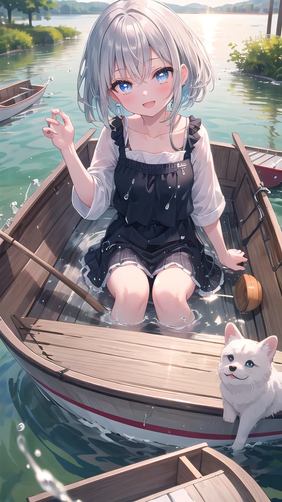 (8k, best quality, master piece: 1.2),super high resolution,1 girl, 独奏, colorshift eyes, hyperdetailed, expressive eyes, ultra-detailed face, Date Clothes、Random hairstyle、silver gay hair, Rowing boat、lake、sunshine, Collarbone, Ecstatic expression,Sparkling、Splash
