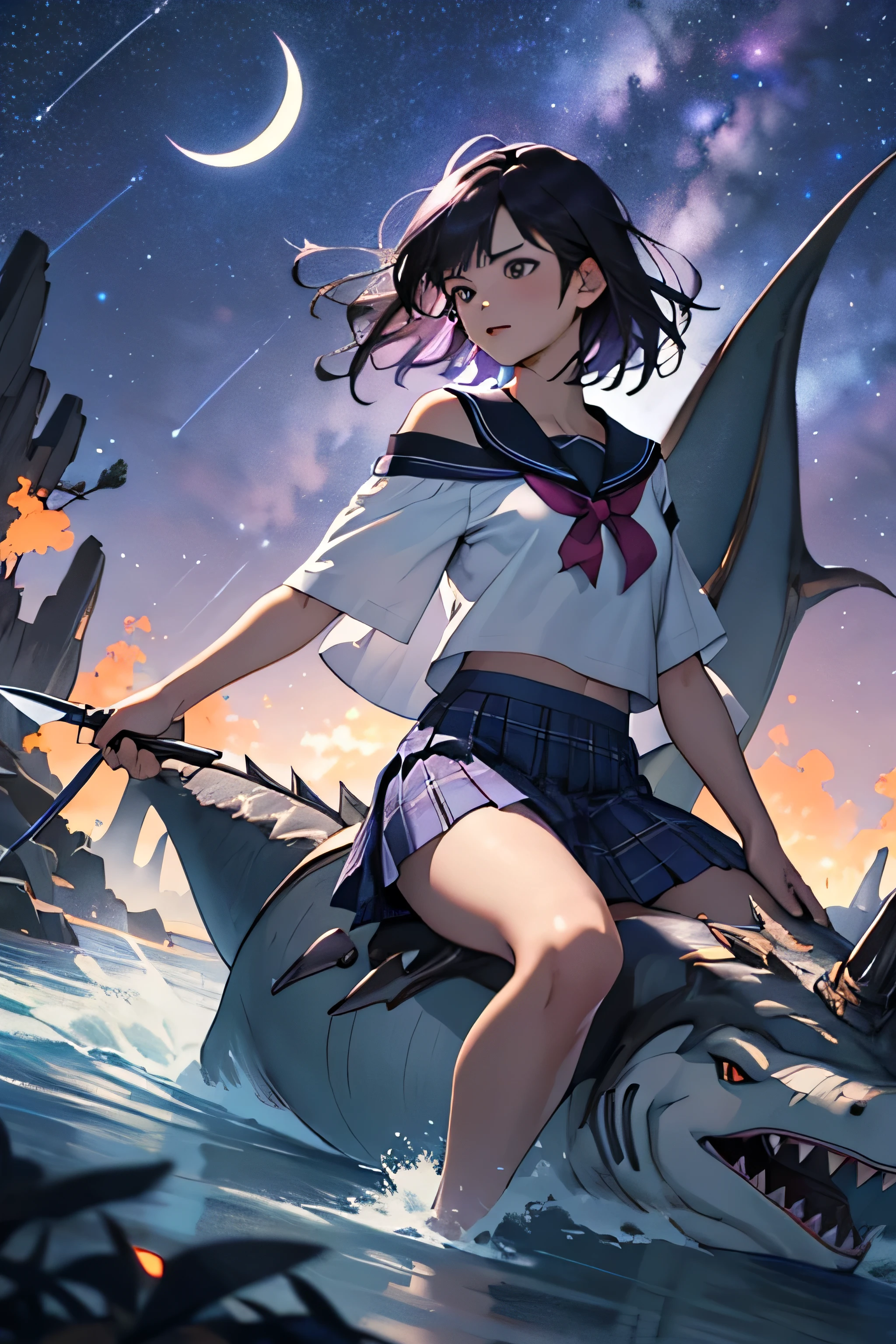 ((best quality)), ((masterpiece)), (detailed), 1girl, Sailor Saturn , school clothes , plaid skirt, menacing look, off shoulder, knife, cut, slash, riding water shark dragon, starry night background, waterfall, crescent moon background, purple skies, embers