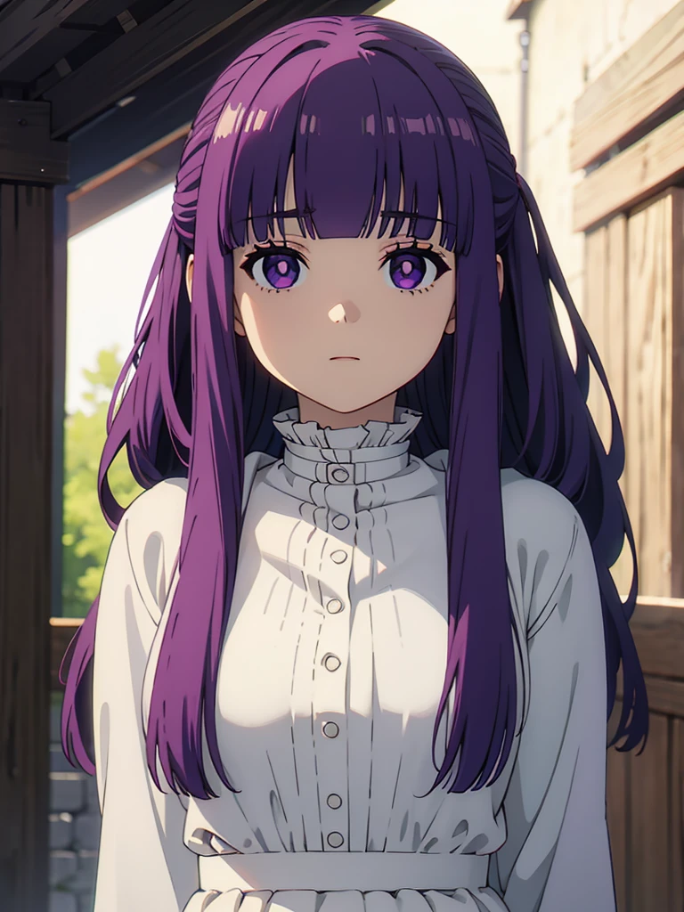 ((masterpiece)),(best quality),official art,extremely delicate and beautiful,extremely detailed CG,unity 8k wallpaper,ultra detailed,beautiful detailed eyes,extremely detailed face,outdoors,1girl,solo,upper body,(portrait:1.5),looking at viewer,facing viewer,expressionless,long hair,purple hair,straight hair,half updo,hime cut,sidelocks,blunt bangs,purple eyes,bright pupils,white pupils,hooded robe,hood down,black robe,white shirt,frills,buttons,long sleeves,medium breasts,long skirt,white skirt,black boots,