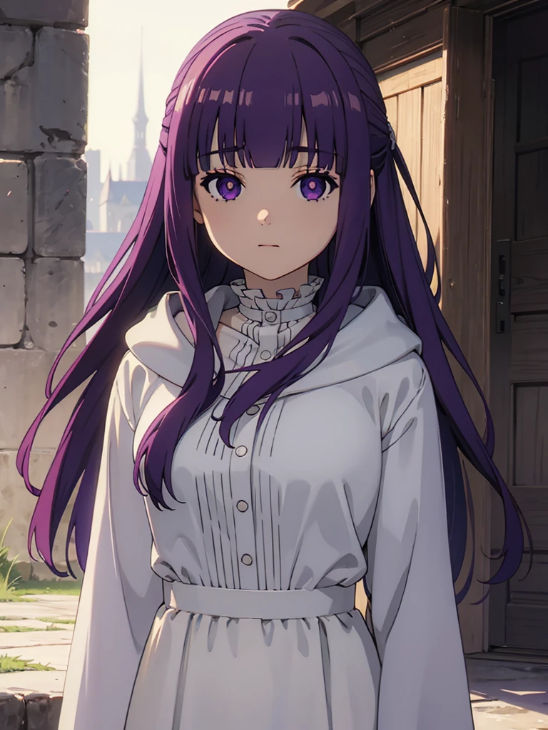 ((masterpiece)),(best quality),official art,extremely delicate and beautiful,extremely detailed CG,unity 8k wallpaper,ultra detailed,beautiful detailed eyes,extremely detailed face,outdoors,1girl,solo,upper body,(portrait:1.5),looking at viewer,facing viewer,expressionless,long hair,purple hair,straight hair,half updo,hime cut,sidelocks,blunt bangs,purple eyes,bright pupils,white pupils,hooded robe,hood down,black robe,white shirt,frills,buttons,long sleeves,medium breasts,long skirt,white skirt,black boots,