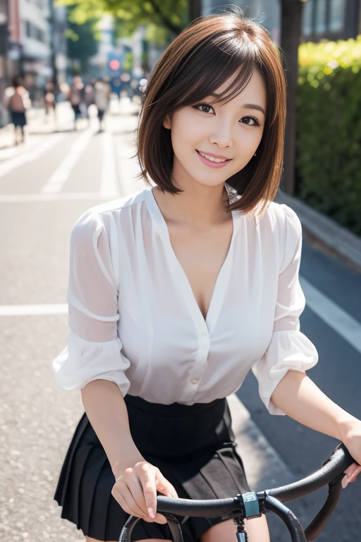 (RAW Photos), (Photorealistic), (masterpiece), (Highest quality), High resolution, 8k resolution, (Exquisite detail), (Volumetric Light),  woman, Age 35, short hair, Straight hair, Brown haired, Very thin, Very white and clear skin,Highly detailed eyes, Source Sequence, Very thin eyebrows, eyelash,The ultimate beauty,Cute like an idol, smile,  (上品で透明感のあるWhite blouse), Random body orientation,Medium chest,Beautiful Japanese office lady, White blouse，Ultra-mini pleated skirt, Lace pantyhose, Random Color, Cute Face, Real Light, Correct Anatomy, Riding a bike 1.4、City bike,  on the saddle、Grip the steering wheel with both hands,Look forward,Don&#39;t look at the audience, Pedaling, From below1.4、(((Low angle 1.4))), In the city, There is a strong headwind, Skirt flipped up, (((Her panties are visible))), Beautiful long legs, (((かなりFrom below1.4))), Thin thighs, Viewers looking up,From below,From below,(((low angle full body shot, from below angle, focus saddle, zoom from ground height,dog eye height)))