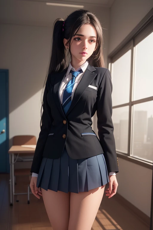 1girl, beautiful young woman, long black hair, twin tails, blue blazer uniform, tie, tight skirt, knee socks, standing in anatomy club room, gazing at viewer, sweet expression, human body drawings on blackboard, (best quality,4k,8k,highres,masterpiece:1.2),ultra-detailed,(realistic,photorealistic,photo-realistic:1.37),anatomy,scientific,precise,hyper-realistic,intricate details,vivid colors,cinematic lighting,volumetric lighting,depth of field,photo-realistic rendering