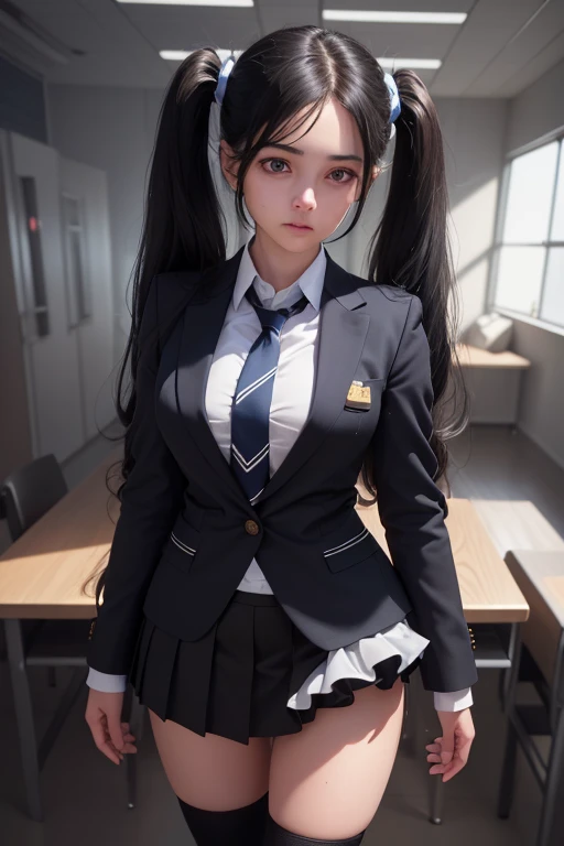 A girl in a detailed university anatomy club scene, beautiful detailed eyes, beautiful detailed lips, extremely detailed face and eyes, long black hair in twintails, wearing a private university uniform with a blue blazer, tie, and tight skirt followed by knee-high socks, big fit ass, gazing at viewer with a sweet look, seated in a chair inside a closed room with a blackboard full of drawings of the human body, (best quality, hyperrealistic, 4k, 8k, highres, masterpiece:1.2), ultra-detailed, (realistic, photorealistic, photo-realistic:1.37), HDR, UHD, studio lighting, ultra-fine painting, sharp focus, physically-based rendering, extreme detail description, professional, vivid colors, bokeh, portraits