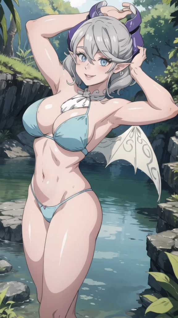 Waterfalls High level image quality best image quality 8K adult woman background a lake in the middle of jungle outside more colors whole body view portrait wearing bikini white horn ears short hair((shortcut)(gray hair)(perm)(fluffy)) eye color is blue , , attractive evil face , smile , sexy pose , labrynth , barearm , both arms up the head , wearing pink , wings , standing