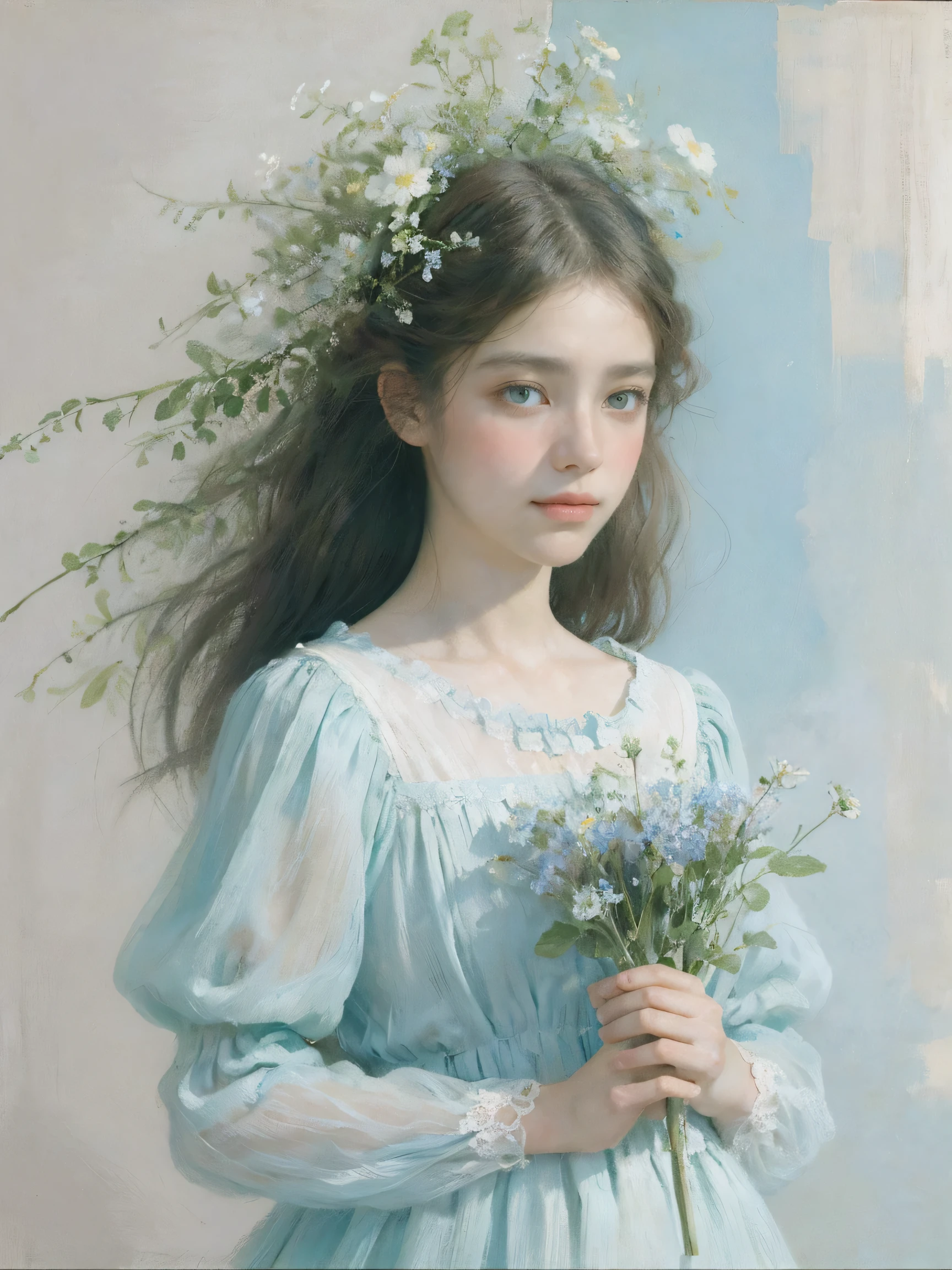 1 girl,flowery, Lycianthes ,Available in light pink and light blue styles..., Dreamy and romantic composition..., Flowers dripping on her face, collage based style, made from insects, William Wegman, colorism, White background, Pencil art illustration, National Geographic Photos