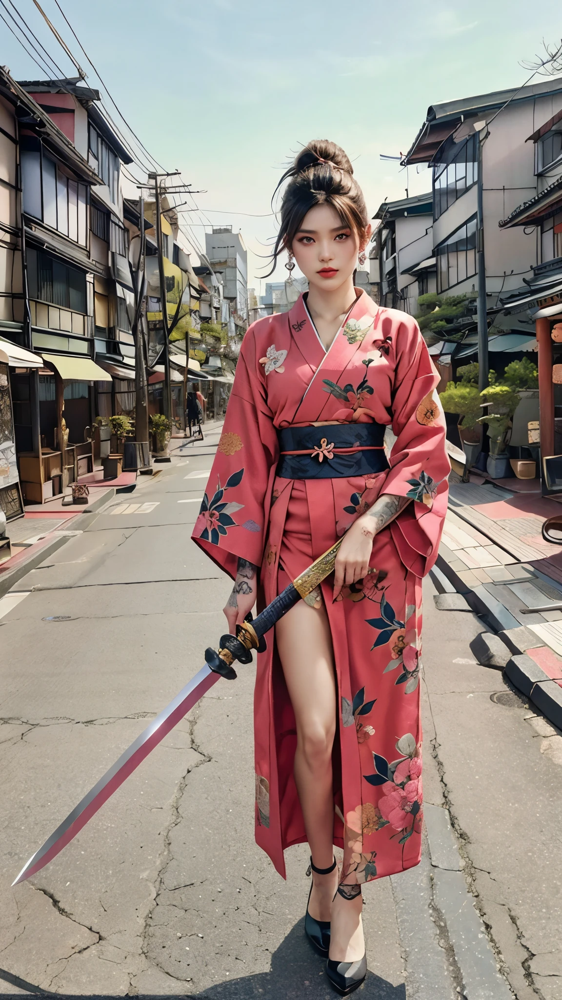 Beautiful Chinese woman, (************), pretty face, red lips, white moisturized skin,
BREAK,
Athletic feminine body, Female fitness model body, Hard-toned feminine body, (muscles: 1.2), (beautiful belly button),
BREAK,
Martial arts, Kung fu, Idol,
BREAK,
(Wearing cute kimono: 1.3), (Red high heels 1.3), Necklace, Very large earrings, Short length,
BREAK,
Short hair, (Short bob hair), (Bangs: 1.2), (Pink hair), (Wavy hair),
BREAK,
(Holding a very large sword in hand: 1.4), (Holding the handle of the sword in hand: 1.3), (Raising a very large sword: 1.2), (Getting into a fighting position),
BREAK,
(Large tattoo, Japanese tattoos all over the body: 1.4),
BREAK,
Masterpiece, Perfect lighting, Ultra high resolution, 8K, (Very detailed: 1.4), (front view), looking at camera, melancholic expression,
BREAK,
(Tokyo city, lots of people in background), Japanese city background,