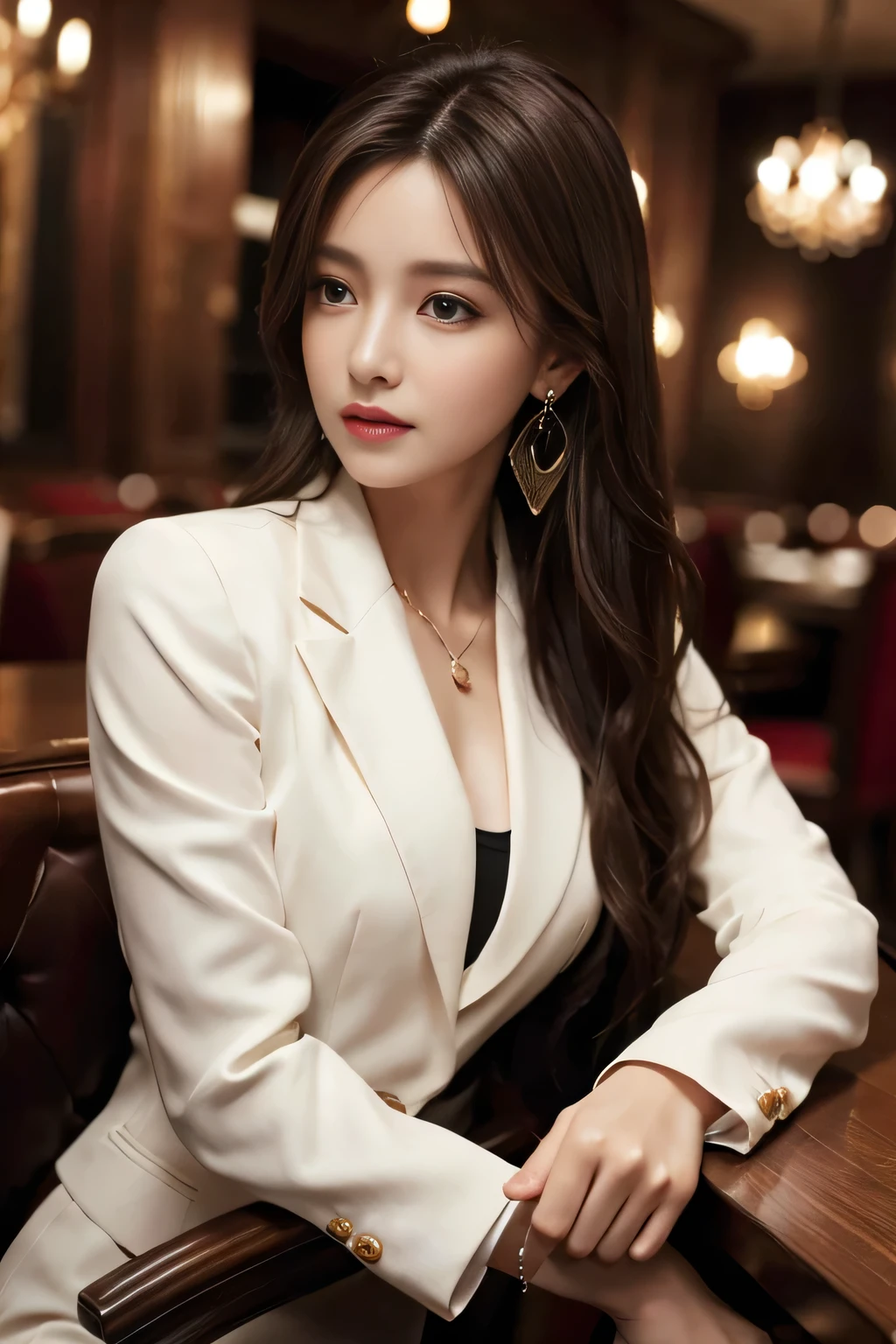 masterpiece, Highest quality, Realistic, Very detailed, Finer details, High resolution, 8k wallpaper, One beautiful woman, Wear a nice suit, In a great restaurant, At night, Light brown messy hair, Perfect dynamic composition, Beautiful and beautiful eyes、Big earrings、Sit on a chair