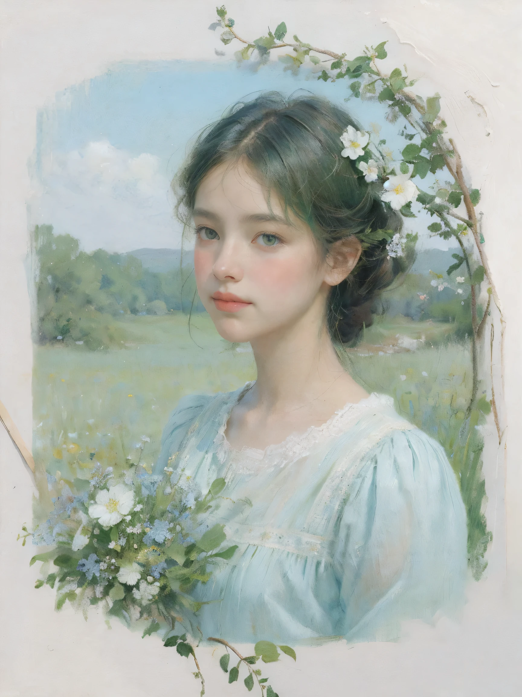 1girls,floral, Lycianthus ,In light green and light blue styles..., Dreamy and romantic composition..., dripping flowers on her face, in the style of collage-based, made of insects, william wegman, colorism, white background, pencil art illustrations, national geographic photo,looking at the viewer