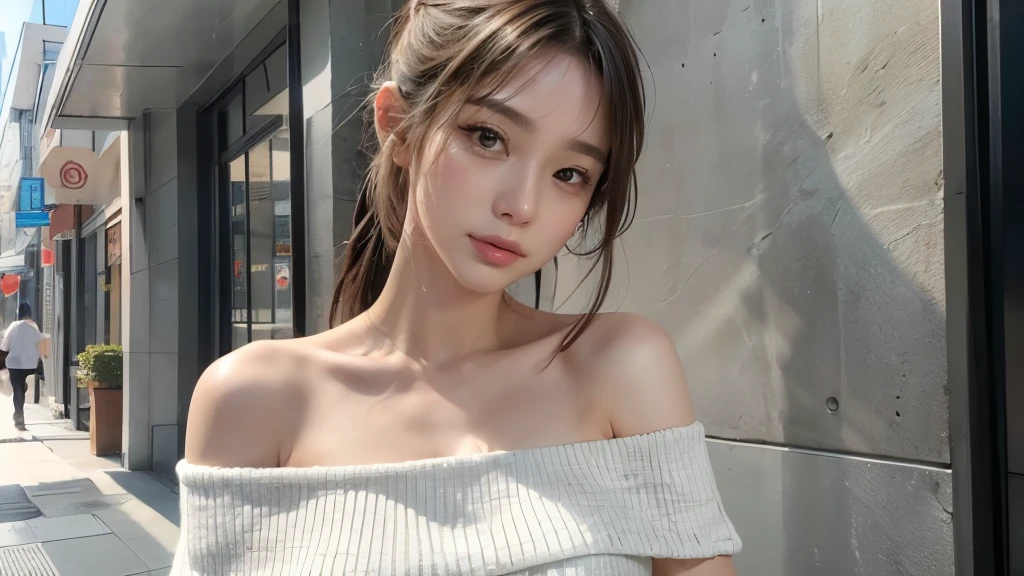 Short length、 ((White knit loose off-shoulder top、Cropped trousers)), Brown Skin、belly button、thin, Medium ponytail、Gray Hair、Messy bangs、Cheeky look、Redness on the cheeks、Raise the corners of the eyes、勝ち誇ったthin眉毛、Young Face、 ((Very detailed)), Perfectly detailed face, Great hands, Photorealistic images、street、Sexy pose、Accurate Arm、Accurate Fingers、