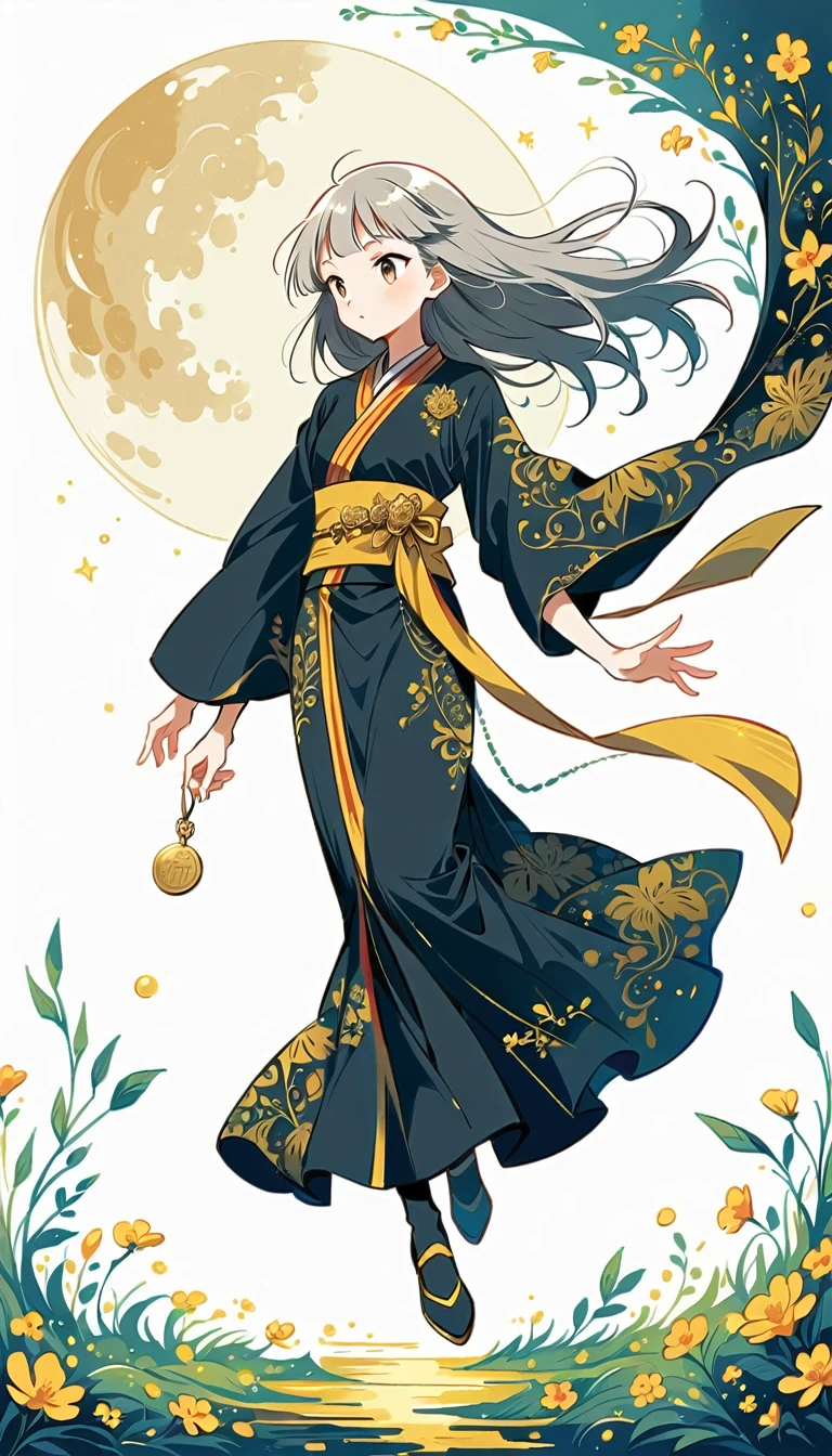 white background, Fujichoco style, black kimono, (((The Most Beautiful Girl))), gray hair, ((full moon)), simple background, Simple line initialism, full body, black tone, Gold Medal,