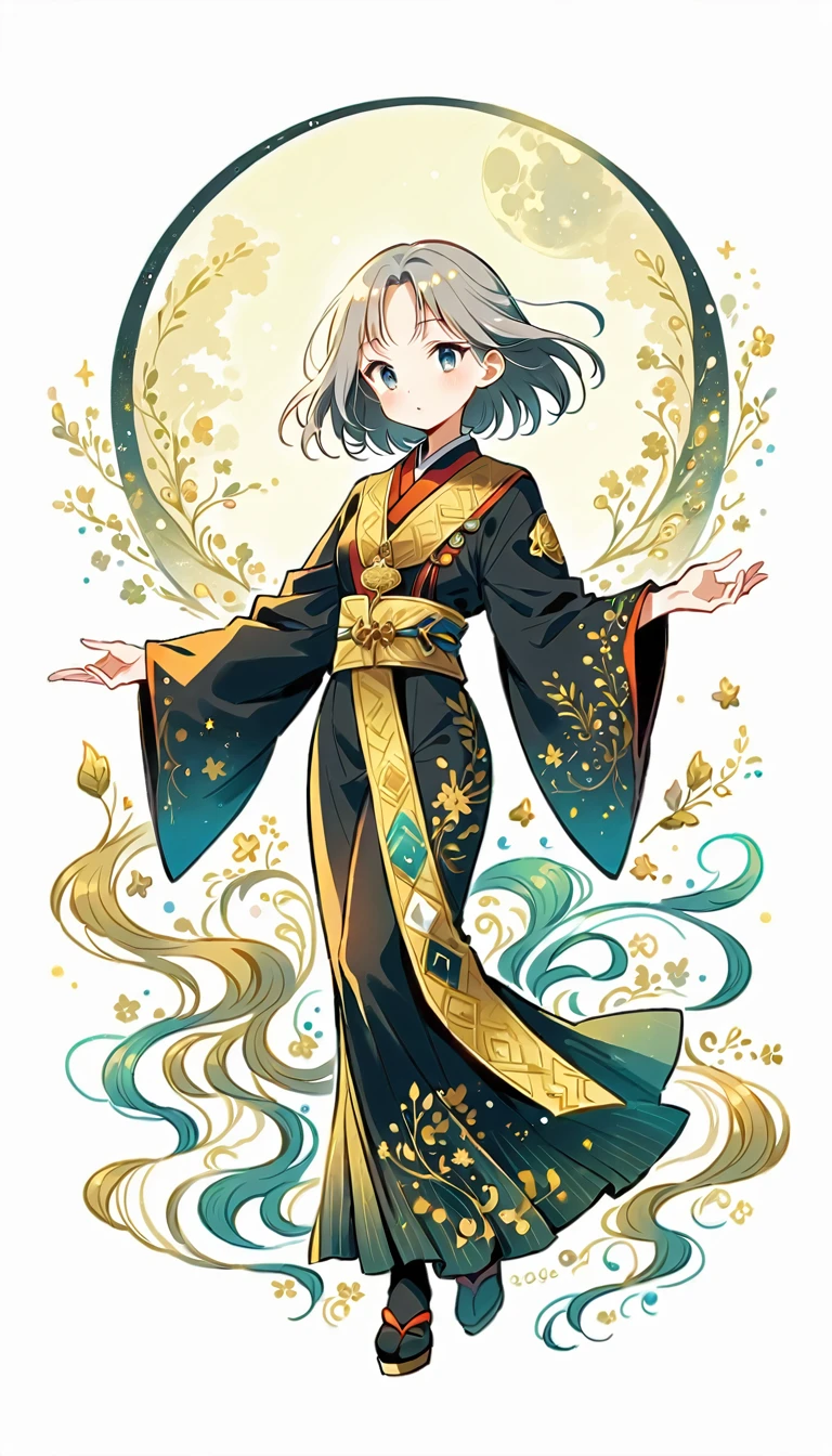 white background, Fujichoco style, black kimono, (((The Most Beautiful Girl))), gray hair, ((full moon)), simple background, Simple line initialism, full body, black tone, Gold Medal,
