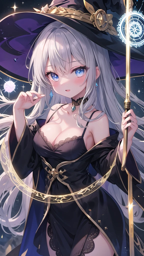 (8k, best quality, master piece: 1.2),super high resolution,1 girl, 独奏, colorshift eyes, hyperdetailed, expressive eyes, ultra-detailed face,　 fantasy witch, Velvet, lace, Purple, gold, Black Robe、Pointed hat、Magic wand, Magic Circle, Shining grain, silver gray hair, Magical cave, Blue, purple, gold, dark, magical glow, Ecstatic expression, Collarbone, cleavage, cowboy shot