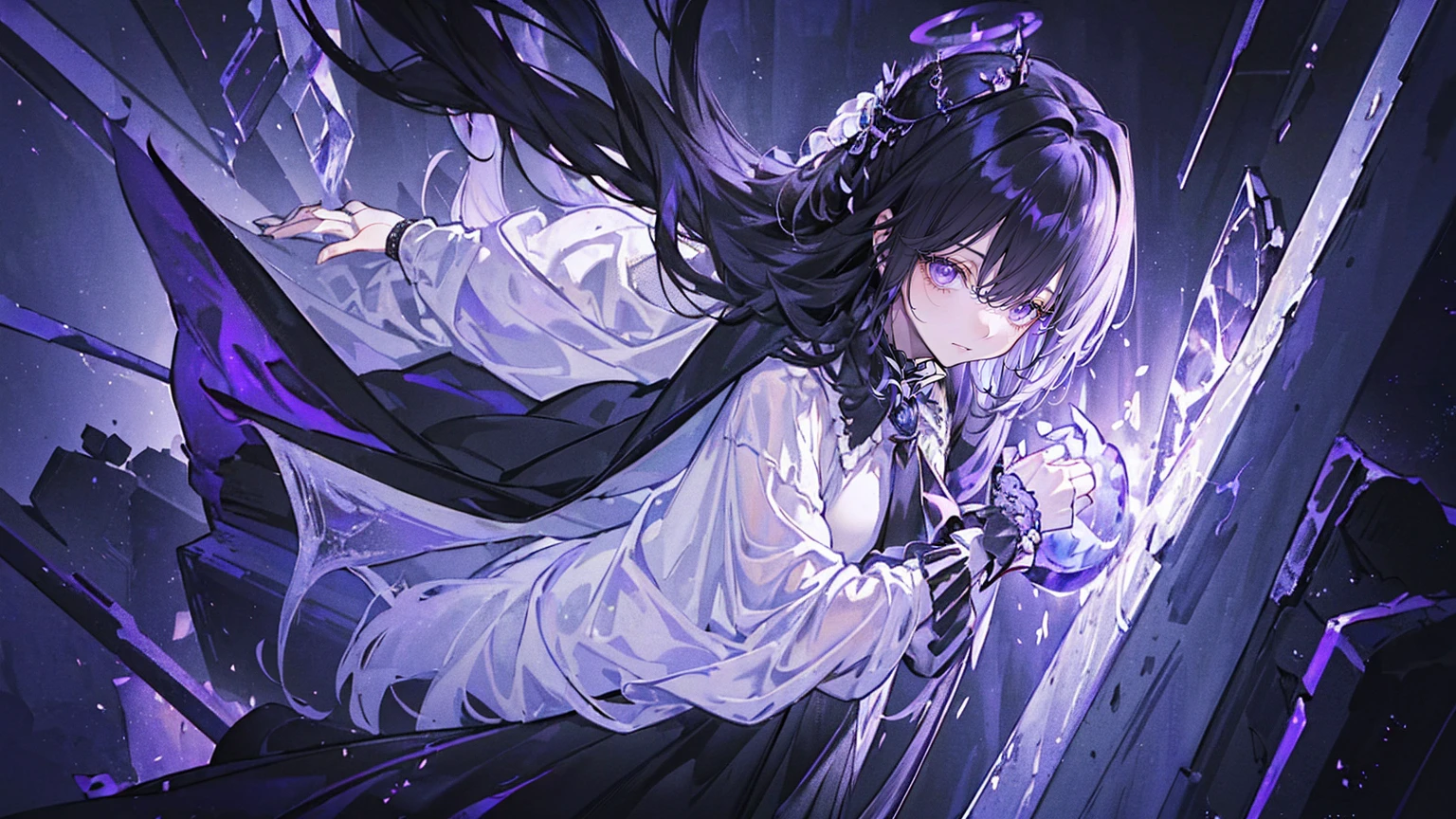 (Super detailed)),((illustration)),((masterpiece)),(((need))),((fine、Highest quality CG Unity 8K wallpapers,masterpiece),((4K,masterpiece,best quality)),Black hair queen,Waist-length hair,Royal sister,Sexy,Tall figure,Lilac eyes,Standing upright in a coffin,mummy,The whole body is wrapped in bandages,Limbs wrapped in bandages,There is a coffin beside him,Mature,Hair Bunch,Hair tied on both sides,Black and purple French vintage clothing,Gorgeous pure black cape,Black veil,Purple-white halo,Black purple boots,Wearing a crown on the head,Holding a knight's sword,pyramid,Emitting dim purple light,Brilliant palace,Mysterious symbols,individual,Emit a dim light,Full body picture