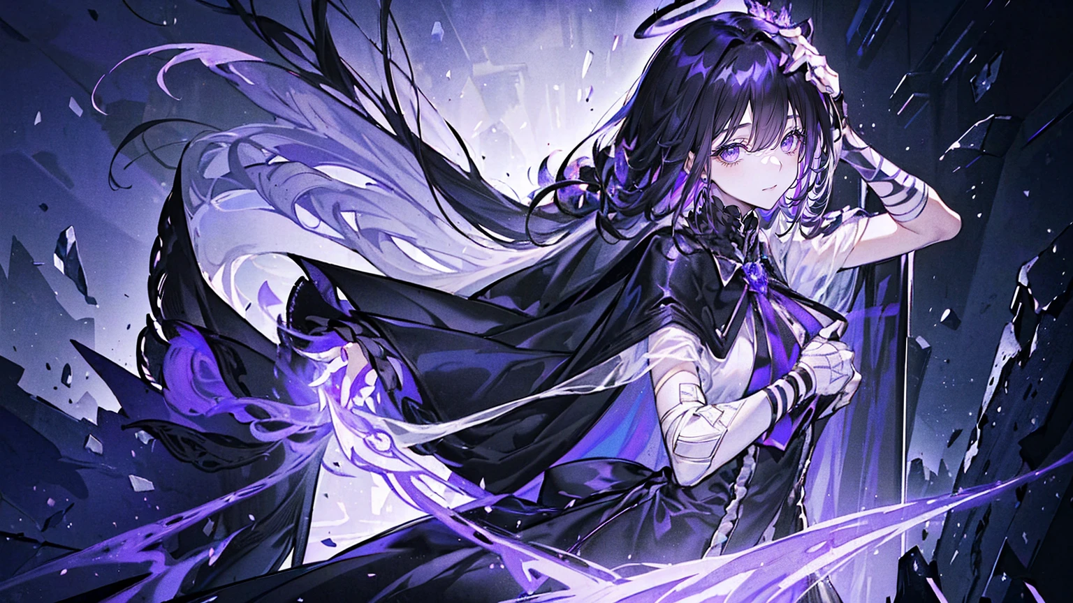 (Super detailed)),((illustration))，((masterpiece)),(((need))),((fine、Highest quality CG Unity 8K wallpapers，masterpiece），（（4K，masterpiece，best quality）），Black hair queen，Waist-length hair，Royal sister，Sexy，Tall figure，Lilac eyes，Standing upright in a coffin，mummy，The whole body is wrapped in bandages，Limbs wrapped in bandages，There is a coffin beside him，Mature，Hair Bunch，Hair tied on both sides，Black and purple French vintage clothing，Gorgeous pure black cape，Black veil，Purple-white halo，Black purple boots，Wearing a crown on the head，Holding a knight&#39;s sword，pyramid，Emitting dim purple light，Brilliant palace，Mysterious symbols,individual，Emit a dim light，Full body picture