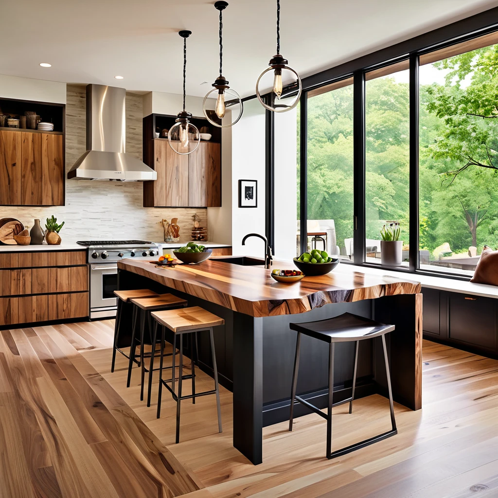 Design a sleek and modern kitchen with a distinctive live-edge wooden island countertop. The kitchen should feature white cabinets and black countertops for a contemporary aesthetic. Add geometric bar stools and pendant lights above the island for a stylish look. Use a light, neutral backsplash to keep the space bright and airy. Make sure the kitchen is filled with natural light, enhancing the combination of modern and rustic elements for a cozy and elegant feel