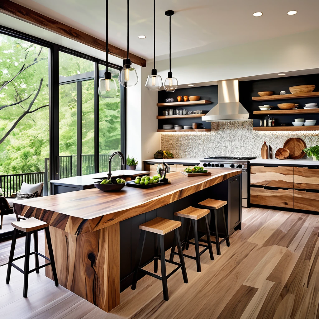 Design a sleek and modern kitchen with a distinctive live-edge wooden island countertop. The kitchen should feature white cabinets and black countertops for a contemporary aesthetic. Add geometric bar stools and pendant lights above the island for a stylish look. Use a light, neutral backsplash to keep the space bright and airy. Make sure the kitchen is filled with natural light, enhancing the combination of modern and rustic elements for a cozy and elegant feel