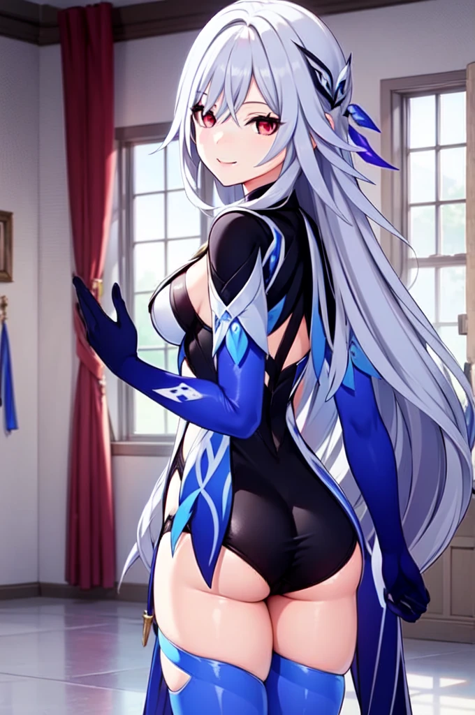 (masterpiece, best quality, ultra-detailed), SkirkGI, red eyes, long hair, white hair, blue hair, hair ornament, long sleeves, blue thighhighs, gloves, medium breasts, indoors, standing, looking at viewer, smile, from behind