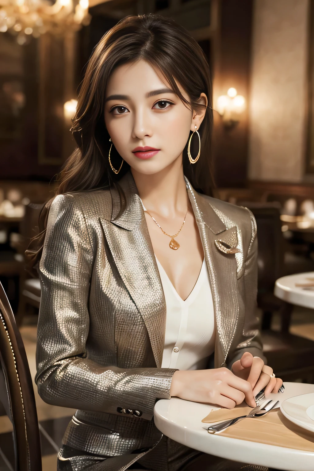 masterpiece, Highest quality, Realistic, Very detailed, Finer details, High resolution, 8k wallpaper, One beautiful woman, Wear a nice suit, In a great restaurant, At night, Light brown messy hair, Perfect dynamic composition, Beautiful and beautiful eyes、Big earrings、Sit on a chair