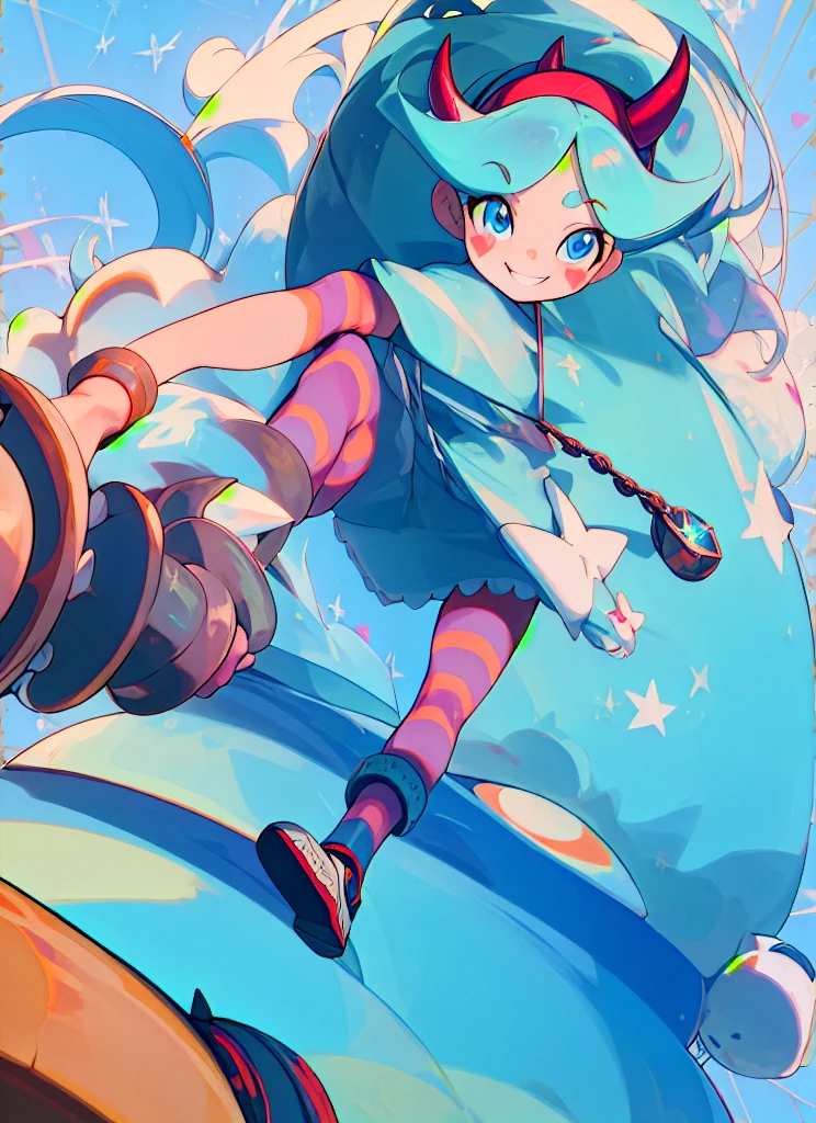 masterpiece, of the highest quality, Best Quality, 1 girl, Alone, looking at the viewer,
star butterfly, by rubio, blue eyes, facial mark, fake horns, hair band, heart cheeks, hats with horns, by the wide, shackles, striped shackles, lozhkin, smile, precise teeth with gaps