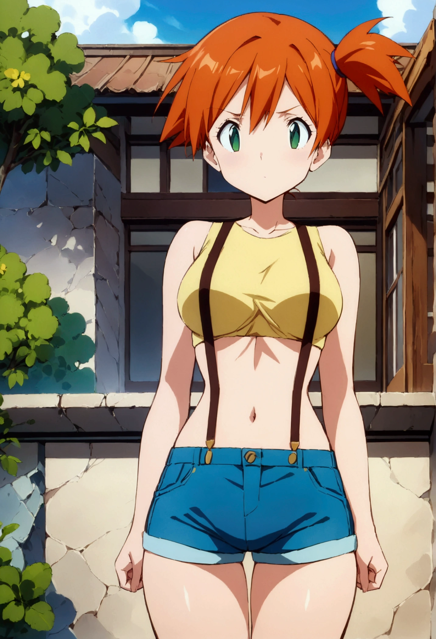 (score_9, score_8_up, score_7_up), (best quality, masterpiece),perfect anatomy,aesthetic,very aesthetic,official style, ultra-high resolution,source_anime.from front,front view,face focus ,,standing ,  (mature) ,1girl, Outdoor, Green Eyes, Orange Hair, , Yellow Shirt, Sleeveless shirt,((stomach)), Denim shorts, suspenders, ,   (slender), ,shirt_pull:1.2,(Composition)
