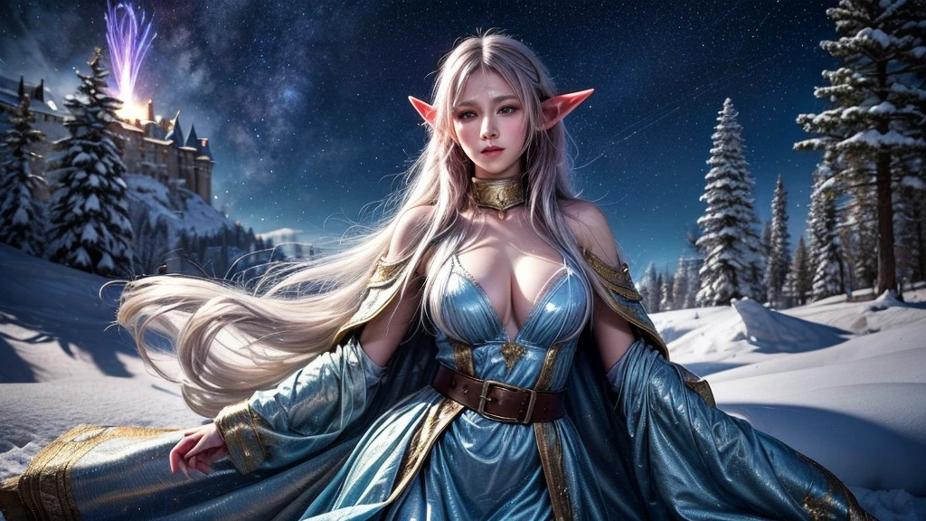masterpiece, rest, best quality, Very detailed, Super real, 16K, high resolution, castle，snow, ((Starry Sky)),Female Elf Mage，Gorgeous armor，Complex Mode，Large Breasts，Pretty Face，Closed mouth，dramatic，Half-length photo，Glowing scepter
