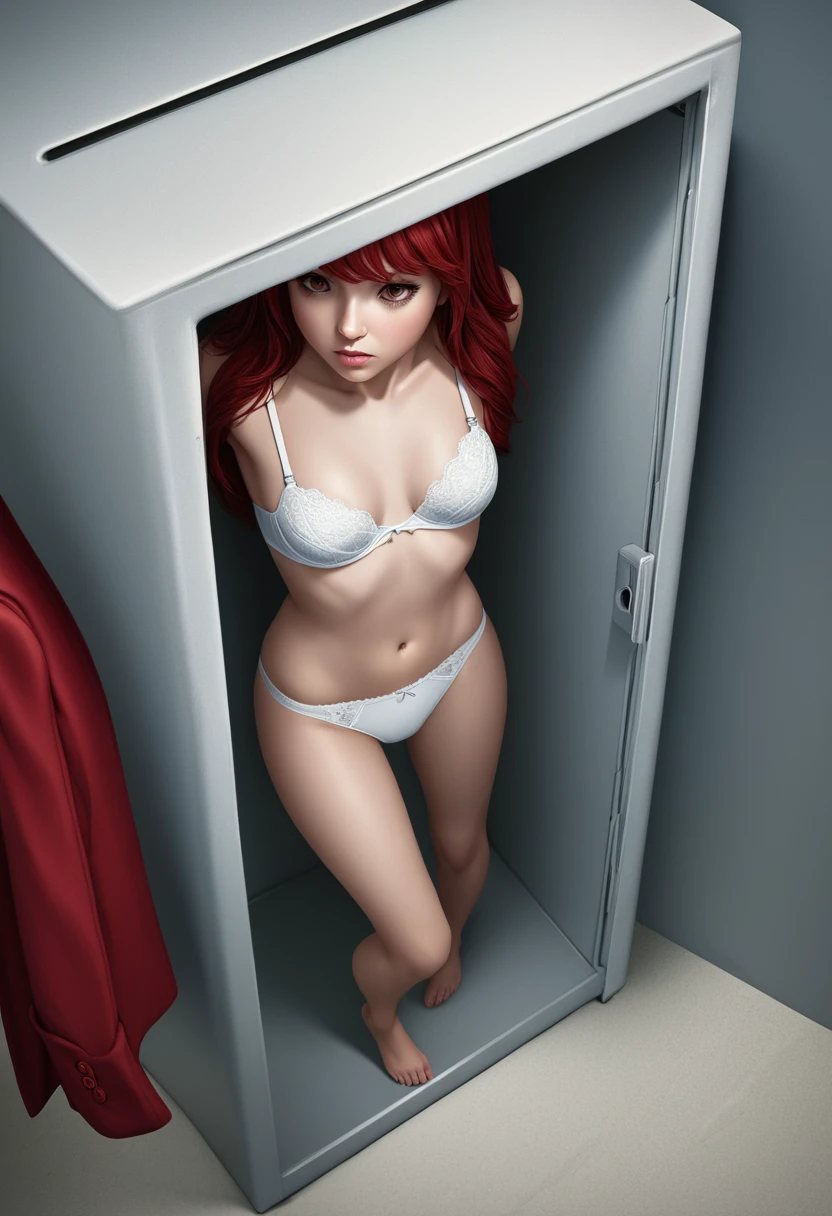 (((masterpiece) (((((Highest quality))))((high resolution))))), Very detailed, Ultra-realistic, )、、lockerルーム、Open shirt、White Bra、White panties、Red Hair、Small breasts、locker、Change of clothes、((Expressionless))、From above.stand