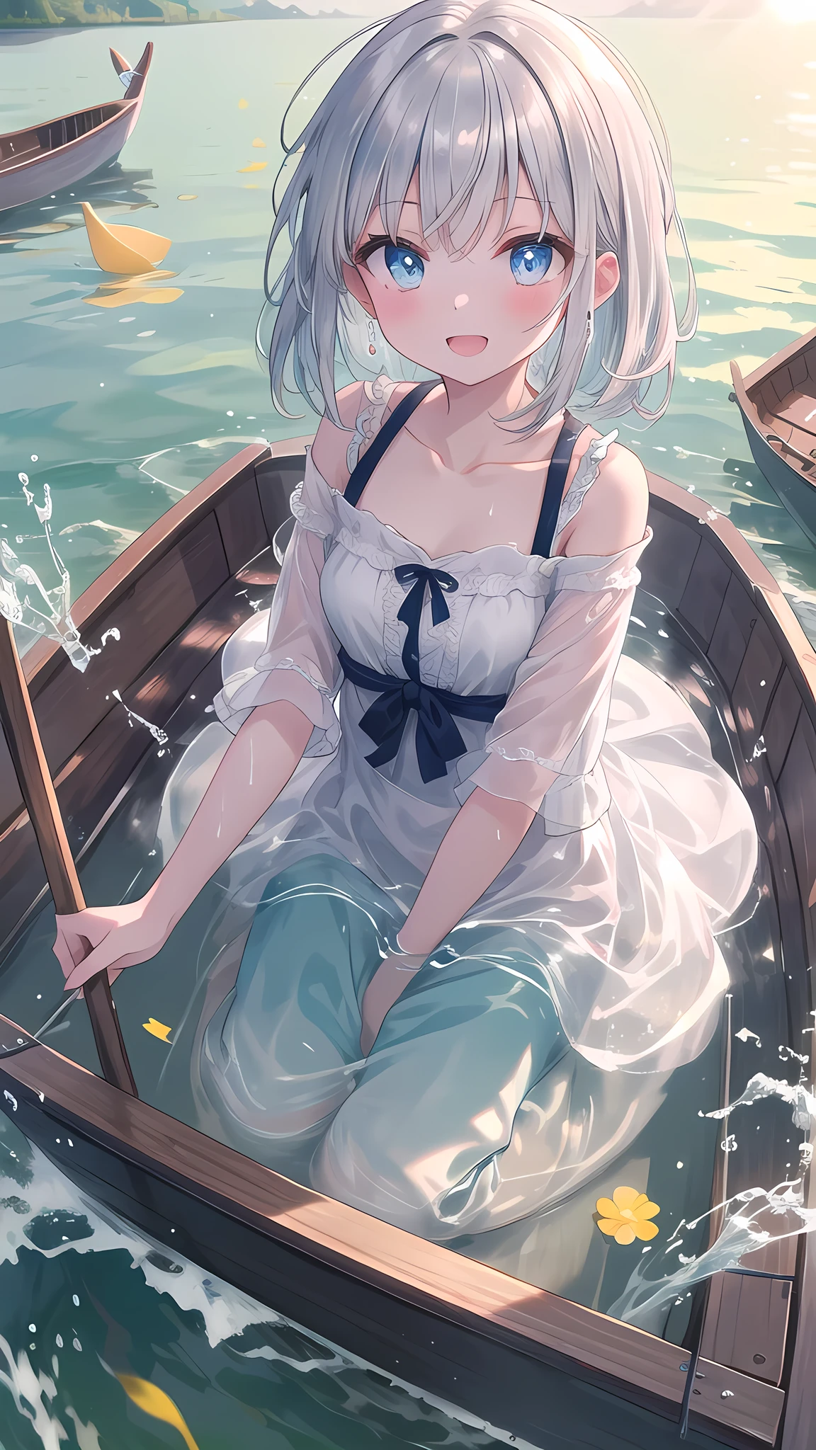 (8k, best quality, master piece: 1.2),super high resolution,1 girl, solo, colorshift eyes, hyperdetailed, expressive eyes, ultra-detailed face, Date Clothes、Random hairstyle、silver gay hair, Rowing boat、lake、sunshine, Collarbone, Ecstatic expression,Sparkling、Splash