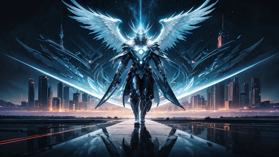 ((masterpiece, Highest quality, Best image quality, High resolution、4k)) One silver-masked angel of justice、Glowing white giant wings、Glowing halo、Flowing White Cyber Robe、god々Shining with a bright light。Shiny advanced cybernetic enhancements. Seen in dynamic action poses, reflection on a smooth surface. The cityscape below is filled with towering skyscrapers., illuminated by colorful holographic advertisements, Shining with blue energy, Mighty power. 全体的にgod秘的でミステリアスな雰囲気です, It had a futuristic techno vibe.. The lighting is dramatic, Intense highlights and deep shadows, Creates depth and tension