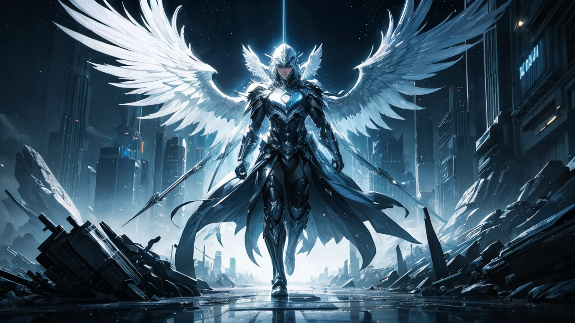 ((masterpiece, Highest quality, Best image quality, High resolution、4k)) One silver-masked angel of justice、Glowing white giant wings、Glowing halo、Flowing White Cyber Robe、god々Shining with a bright light。Shiny advanced cybernetic enhancements. Seen in dynamic action poses, reflection on a smooth surface. The cityscape below is filled with towering skyscrapers., illuminated by colorful holographic advertisements, Shining with blue energy, Mighty power. 全体的にgod秘的でミステリアスな雰囲気です, It had a futuristic techno vibe.. The lighting is dramatic, Intense highlights and deep shadows, Creates depth and tension