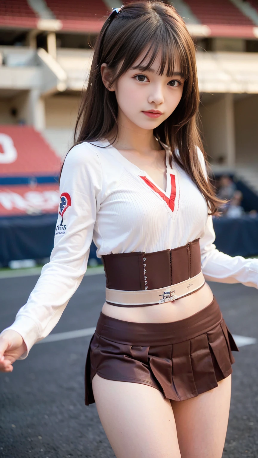 ((very tight Cheerleaders using red, white, and dark blue. A top with triangular patterns on both the front and back, and a red long-sleeved inner. Pleated skirt with 5 tape lines at the hem:1.5), (latex:1.2), sun, (toyota stadium:1.4), (dynamic angle:1.5), blush, smile/blush, (light smile:1.5), (press my chest together:1.3), sun, 1 girl, (18 years old:1.5), (large breasts:1), (narrow waist:1.8), (brown medium long hair:1.3), (high ponytail:0), (bangs:1.2), (skinny:1.5), (8k, RAW photo:1.2),detailed face and eyes,best quality,highly detailed ,intricate detail ,masterpiece ,cute girl ,intricate detail, hyperdetail,sharp focus