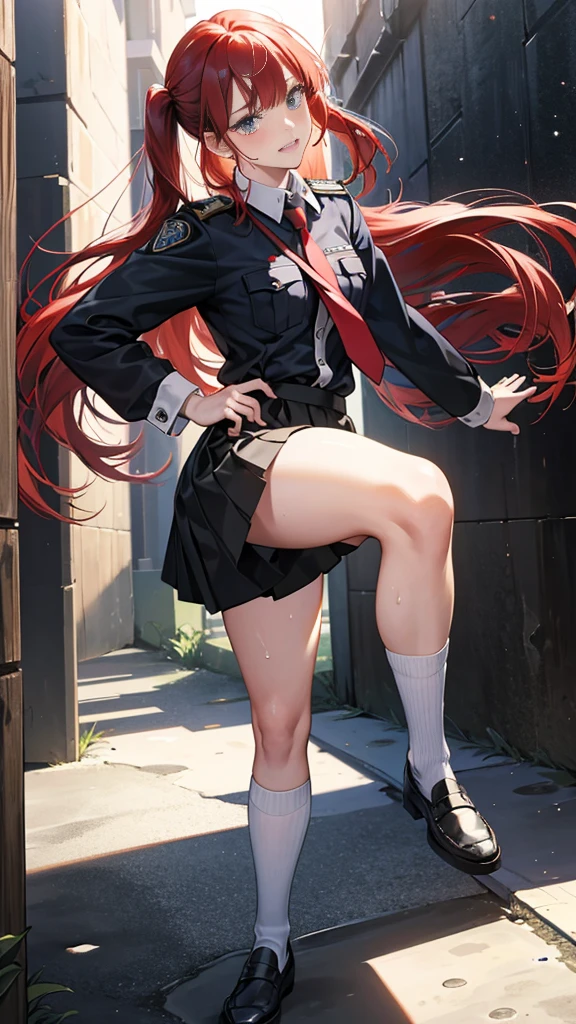 {{masterpiece}}, {{{Highest quality}}},{{Very detailed}}, {{figure}},{{tall}},{{Adult female}},,{{Fighting stance}},｛Ryona｝,{{Long sleeve mini skirt uniform}},{{Abuse power and lose}},}}{}},{fighting stance}},{},{}, ,{{}},{{Eyelet foot}},,{{}},{{}},,{{}},{{}},,Slender body}}{{Avoidance}}{{Female police officer}},,,,suspenders　,Long sleeve mini skirt uniform, White High Socks,Black fingerless gloves, Long Red Hair, Red tie,Straight hair ,Blunt bangs,Thigh holster,.amountn loafer,,blush,Wrinkles ,amount,Grit your teeth,suffering,v-shaped eyeamounts.,Sweat dripping,Medium chest ,get annoyed,,Slums,,Twisting,