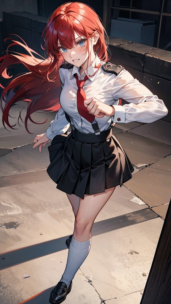 {{masterpiece}}, {{{Highest quality}}},{{Very detailed}}, {{figure}},{{tall}},{{Adult female}},,{{Fighting stance}},,,{{blushing with anger}},,{{Long sleeve mini skirt uniform}},,,{{blushing with anger}},}{}},{fighting stance}},{},{}, ,{{}},{{Eyelet foot}},,{{From Below }},{{}},,{{}},{{}},,Slender body}}{{Avoidance}}{{Female police officer}},,,,suspenders ,Long sleeve mini skirt uniform, White High Socks,Black fingerless gloves, Long Red Hair, Red tie,Straight hair ,Blunt bangs,Thigh holster,.amountn loafer,,blush,Wrinkles ,amount,Grit your teeth,suffering,v-shaped eyebrows.,Sweat dripping,Medium chest ,get annoyed,,Slums,,Twisting,