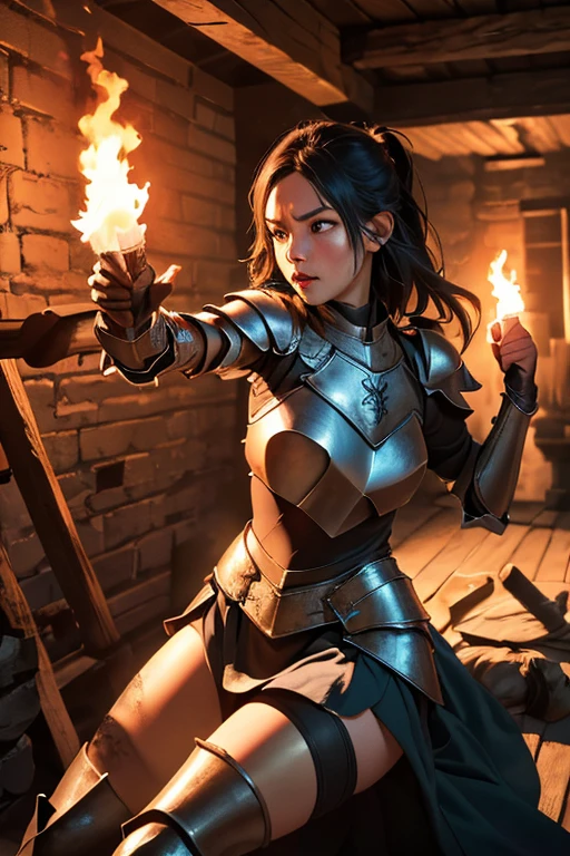 ((masterpiece, Highest quality)), ((Detailed CG integrated 8K people)), Rooms in the dungeon, torches, Woman fighting monsters, Sword in hand, Wear armor,