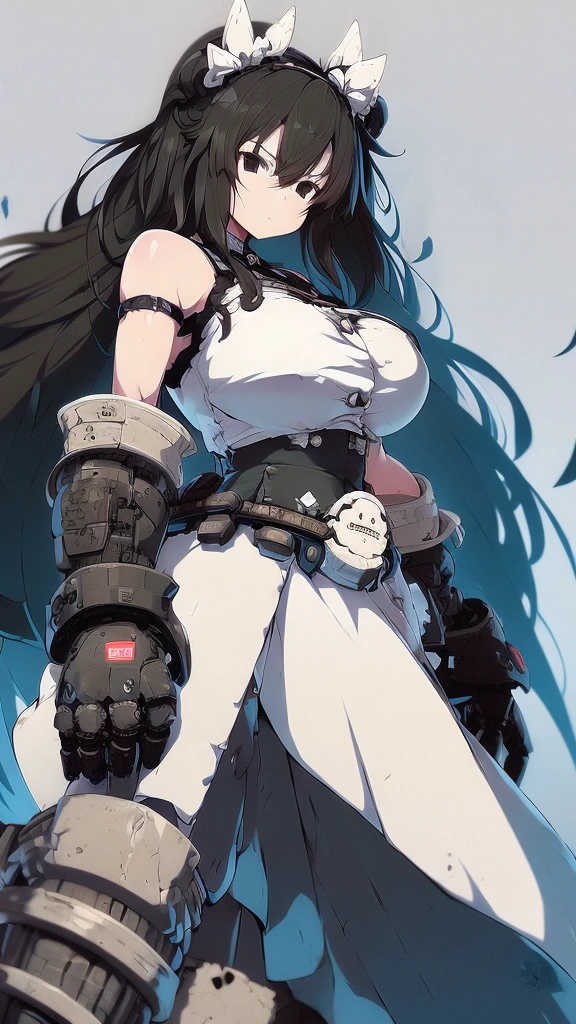 Anime, 1 girl, Fubuki, pale pure white skin, dead cold black eyes with shadows under them, fubuki's long wavy black hair tied in long twin tails decorated by a white ribbon, expressive Brown eyes, busty, military's uniform, large mechanical arms, mechanical hands, serious expression, large heavy mechanical arms,