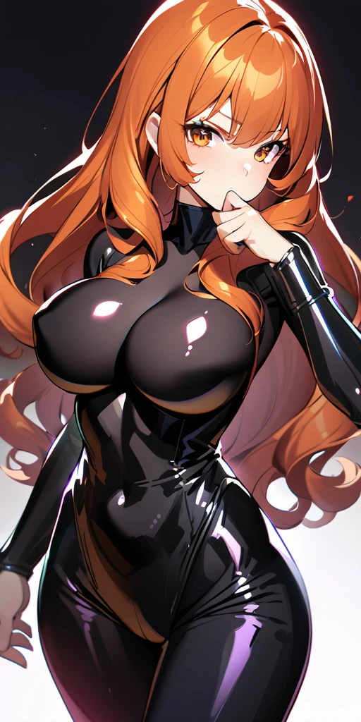 ((Highest quality、masterpiece、anime style、best quality、high resolution、8k、detailed、ultra-detailed:1.3))、Long legs、Sharp focus:1.2, Beautiful woman with perfect figure:1.4、(Smiling:1.2), double eyelid、30-year-old female、Sexy pose、((((Close your mouth、One Woman、All-black catsuit:1.5)))),The background is a different world、movement,Dynamism、Fighting Pose、Orange Hair、Curly Hair、Mine Fujiko、Big Breasts