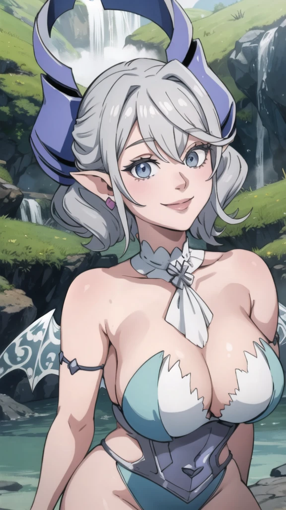 Waterfalls High level image quality best image quality 8K adult woman background a lake in the middle of jungle outside more colors whole body view portrait wearing bikini white horn ears short hair((shortcut)(gray hair)(perm)(fluffy)) eye color is blue , , attractive evil face , smile , sexy pose , labrynth , barearm , both arms up the head , wearing pink , wings , standing