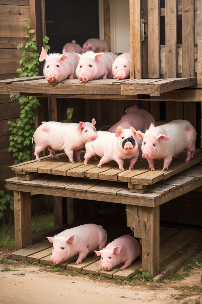 Happy pigs eating and chickens scratching