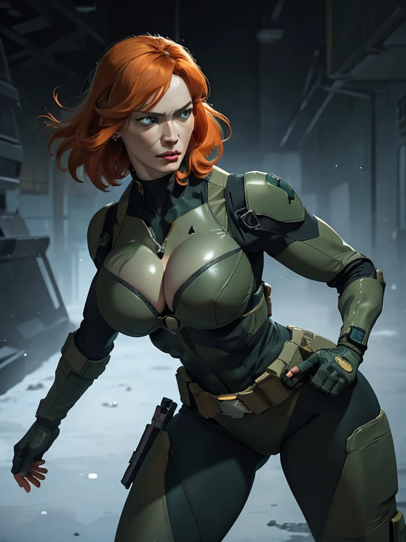 Imagine Christina Hendricks as a Metal Gear Solid character, powerful female character, short wavy orange hair and bright blue eyes, 48 years old, striking and mature facial features, agile and athletic build, (Wearing: Fingerless Gloves, tight green leather suit, armored pieces on the side, cleavage cut-out, utility belt, metallic armlets, armored boots, gun holsters), The suit is so tight that Christina Hendricks breasts barely fit in it, The suit emphasizes her stealth and combat prowess. Alluring and formidable presence of the character ,hyper-realistic rendering to capture every minute detail, showcasing the mastery of digital portrait artistry, ultimate photorealistic quality, highly detailed facial expression showcasing the determination and strategy of the character, subtle hints of high-tech and militaristic elements reflecting the true essence of the Metal Gear Solid universe, vibrant colors with deep gray’s and contrasting cool tones ,creating a visually striking and captivating portrait.
