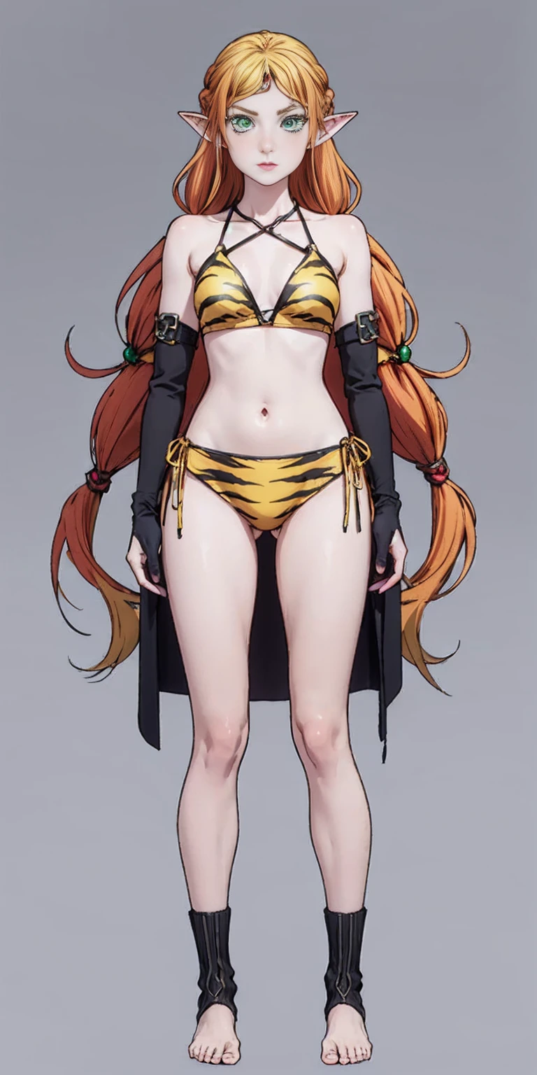 tsundere elf full body toe to head, long hair, blonde hair (green eyes:1.1) pointy ears, elf, multicolored hair, forehead jewel, yellow tiger bikini, standing symmetrical, plain background