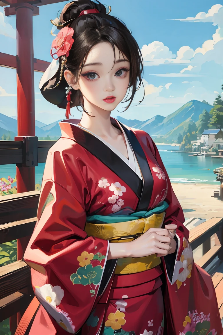 (Highest quality、 8k 、masterpiece、High resolution)、(whole body)、Vibrant colors、Brown-black bob、Traditional round topknot、Ample breasts、(Highly detailed face and eyes、Beautiful Face、Beautiful Eyes、Beautiful nose、Pretty lips)、Detailed Art,(Art with precise detail), (Japanese painting), (A woman in a kimono standing on a bridge),(Vivid floral patterned kimono), Detailed CG、