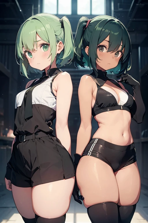 2 girls, light green hair, fancy faces, neat bodies, black skin color, black jersey, short shorts, thick gloves, complete body