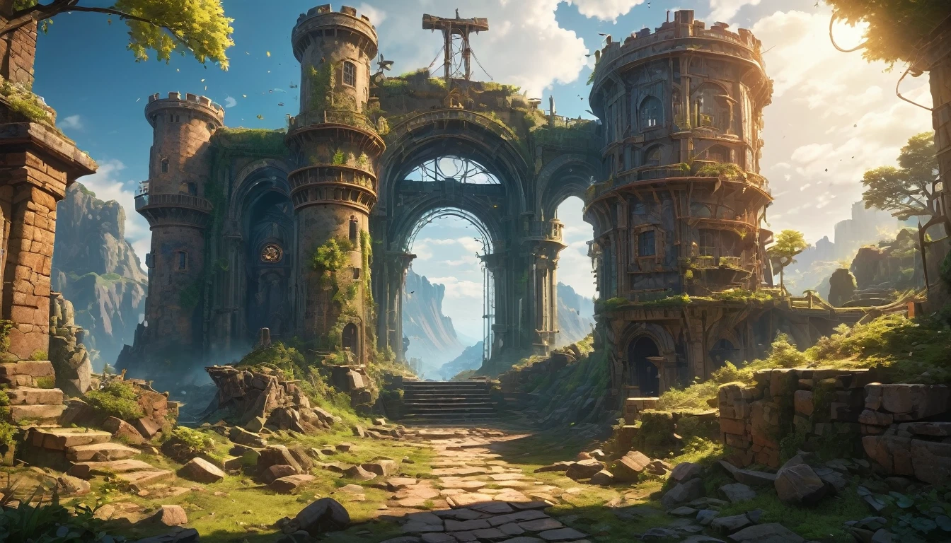 (anime, fantasy, portal),(extremely detailed CG unity 8k wallpaper, masterpiece, best quality, ultra-detailed, depth of filed, HDR:1.2, high FXAA),vibrant colors, mysterious atmosphere, sole weathered watchtower, medieval watch tower, crumbling down, debris, general shot, ethereal light, fantastical landscapes