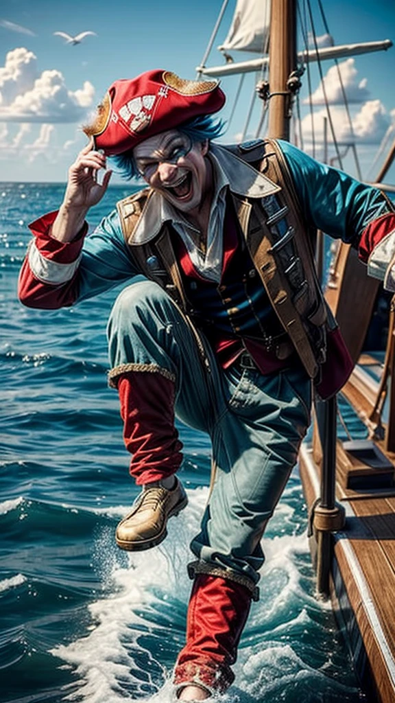 masterpiece, best quality, extremely detailed, hyperrealistic:1.1, photorealistic, a cool 40s man, ultra detailed face:1.2, red nose:1.2, long blue hair, red and white pirate hat, on detailed yacht, sea, kicking, dynamic pose, laughing