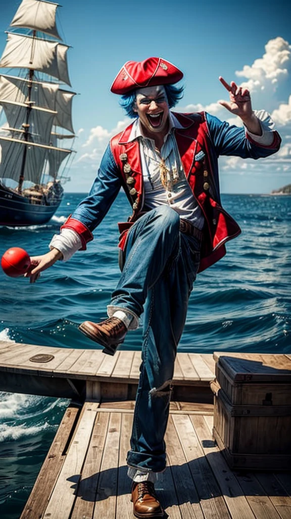 masterpiece, best quality, extremely detailed, hyperrealistic:1.1, photorealistic, a cool 40s man, ultra detailed face:1.2, red nose:1.2, long blue hair, red and white pirate hat, on detailed yacht, sea, kicking, dynamic pose, laughing