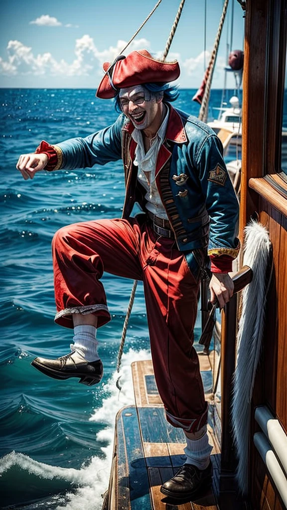 masterpiece, best quality, extremely detailed, hyperrealistic:1.1, photorealistic, a cool 40s man, ultra detailed face:1.2, red nose:1.2, long blue hair, red and white pirate hat, on detailed yacht, sea, kicking, dynamic pose, laughing