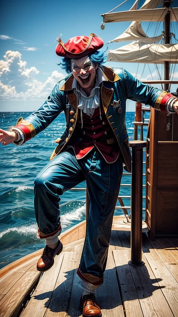 masterpiece, best quality, extremely detailed, hyperrealistic:1.1, photorealistic, a cool 40s man, ultra detailed face:1.2, red nose:1.2, long blue hair, red and white pirate hat, on detailed yacht, sea, kicking, dynamic pose, laughing