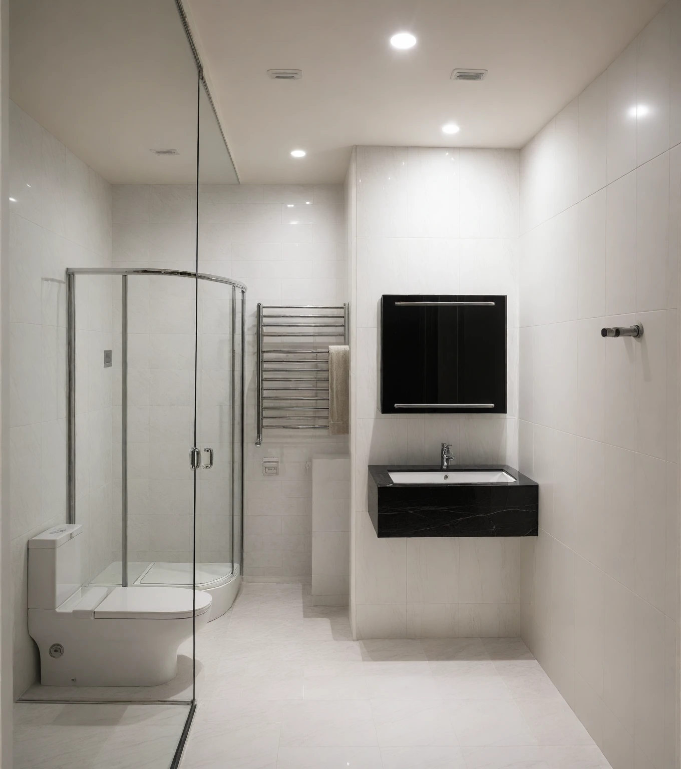 Raw photo,Masterpiece, high quality, best quality, authentic, super detail,
indoors, interior , ((TOILET :1.3)), modern style, daylight, (WHITE WALL),luxury, marble tile floor, fridge, black stone counter top