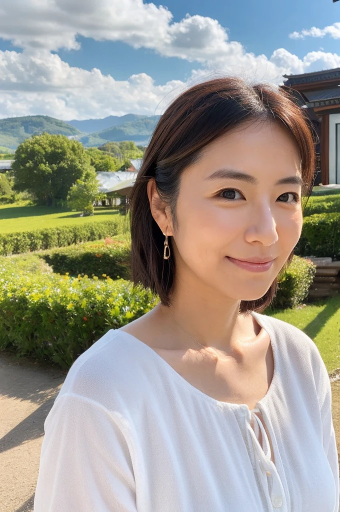 ((Highest quality)), ((masterpiece)), (detailed),Perfect Face,Japanese,landscape,Mature Woman,Upper Body